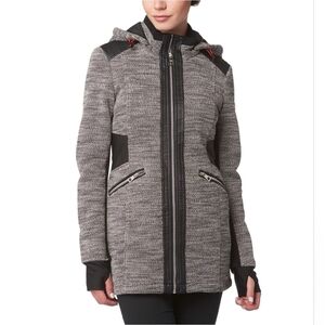 Point Zero Grey And Black Woven Mid-length Coat With Faux Leather Trim Small